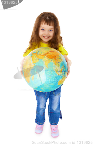 Image of Cheerful little girl gives us Globe