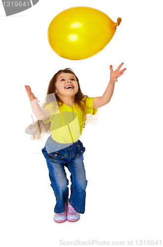 Image of Little girl chasing balloon on white background