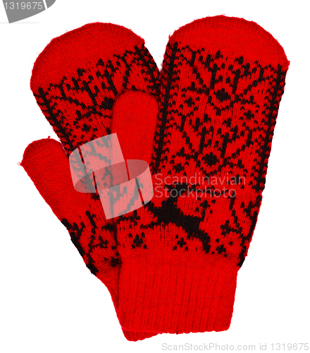 Image of Woolen mittens on white background