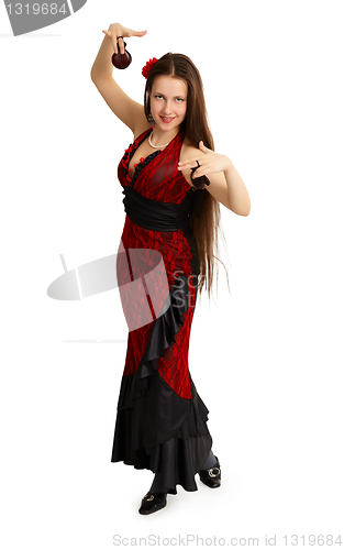 Image of Woman performs Spanish dance on white