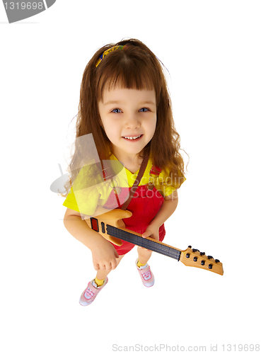Image of Funny little girl with toy guitar on white