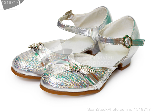 Image of Beautiful silver shoes for girl on white