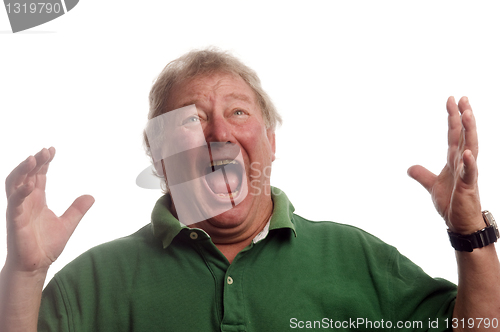 Image of middle age senior man emotional screaming in shock 