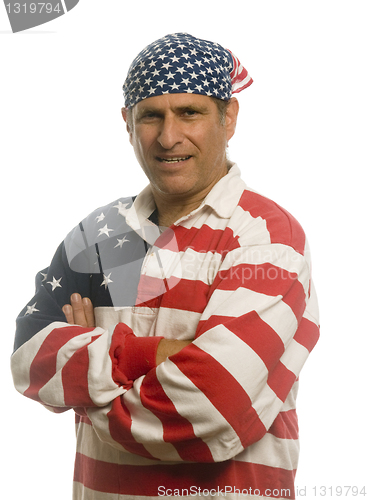 Image of patriotic American man wearing flag shirt