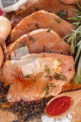 Image of Pork tenderloin marinated with spices on a wooden board