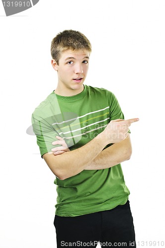 Image of Young man pointing to the side