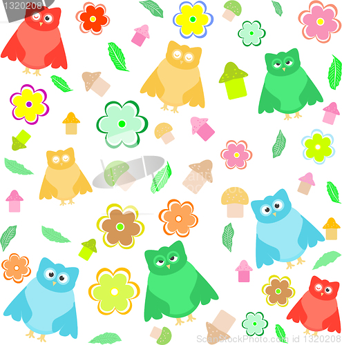 Image of background with owls, leafs, mushrooms and flowers