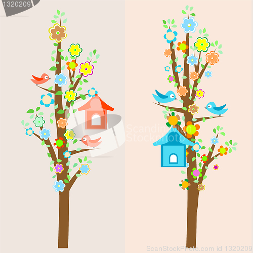 Image of beautiful birds and birdhouses on trees