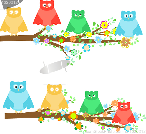 Image of family owls sitting in tree branches with flower