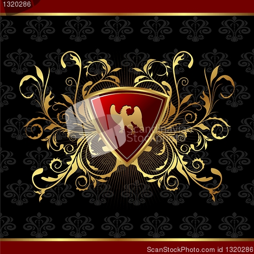 Image of gold floral packing with heraldic elements