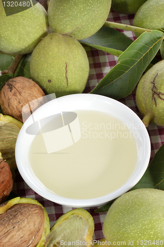 Image of fresh walnut oil in a bowl with harvested unopened green walnuts