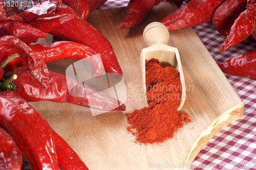 Image of fresh red hot peppers were milled to paprika powder