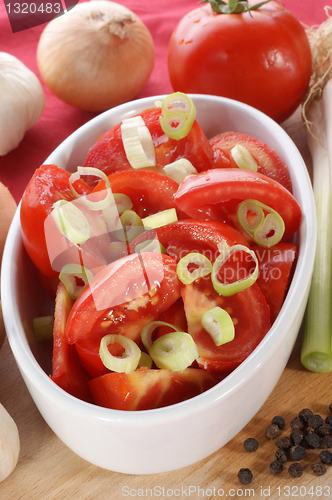 Image of fresh tomato salad with spring onions in a bowl