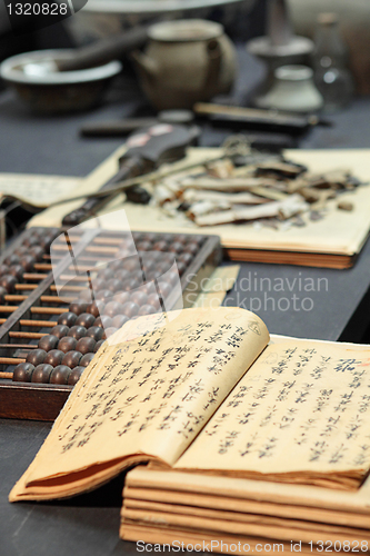 Image of abacus and book on the table in a chinese old shop