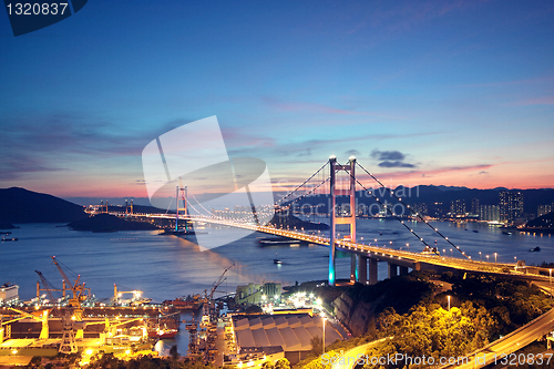 Image of Beautiful night scenes of Tsing Ma Bridge in Hong Kong. 