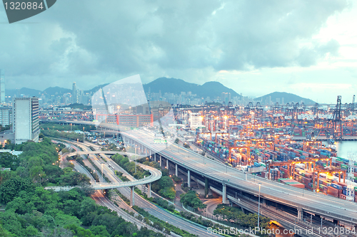 Image of container terminal and stonecutter bridge in Hong Kong 