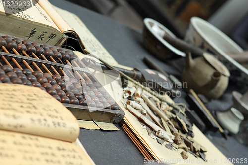 Image of abacus and book on the table in a chinese old shop