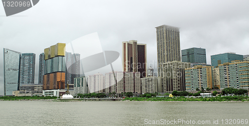 Image of Macau cityscape with famous casino skyscraper under cloudy sky. 