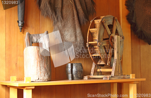 Image of Vintage baskets and other tools used on an old Chinese salt farm