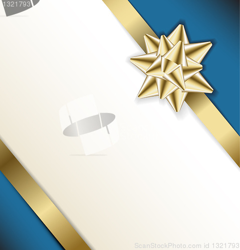 Image of golden bow on a ribbon with white and blue background