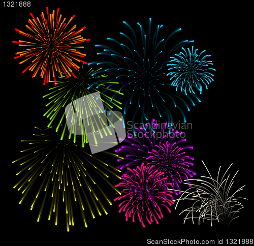 Image of Set of fireworks vector illustrations 