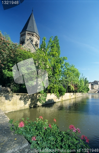 Image of River and Temple neuf church, Metz town, Lorraine, France