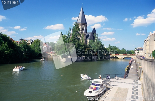 Image of River and Temple neuf church, Metz town, Lorraine, France