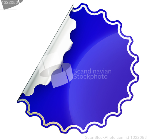 Image of Blue round jagged sticker or label over white