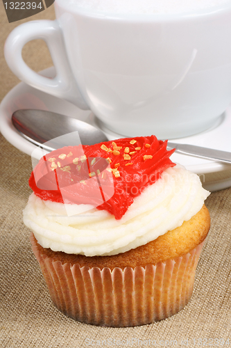 Image of Valentine's day cupcake and cappuccino