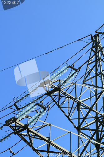 Image of Detail of electricity pylon against blue sky 