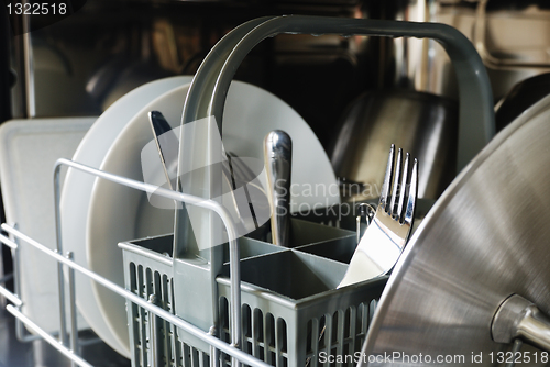 Image of plates, forks, knives, in the dishwasher