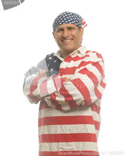 Image of patriotic American man wearing flag shirt with national flag