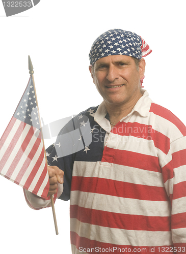 Image of patriotic American man wearing flag shirt with national flag