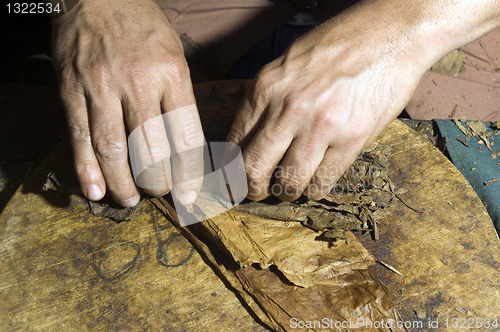 Image of hand rolling tobacco leaves for cigar production