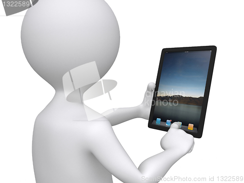 Image of 3d communication, little human character with his touch pad