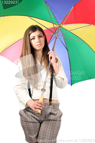 Image of casual young woman with coloured umbrella