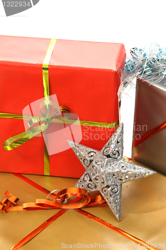 Image of beautiful christmas gifts on white background