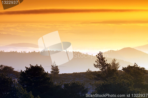 Image of Beautiful sunrise, orange tones, nature photo