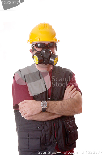 Image of architect with gas mask, polution chemical concept