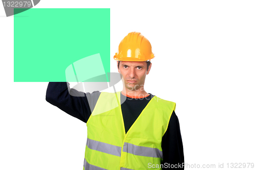 Image of worker with empty publicity frame. Object over white