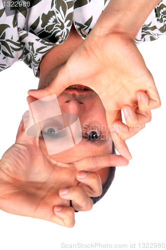 Image of tourist man over white background looking