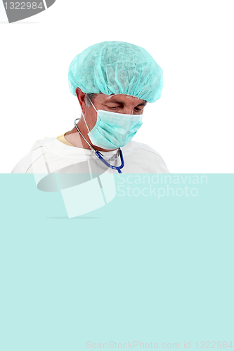 Image of portrait of mature doctor, healthcare photo, with advertise bill