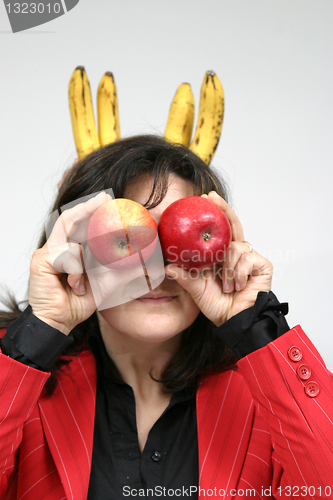 Image of woman with beautiful red apple, healthy food