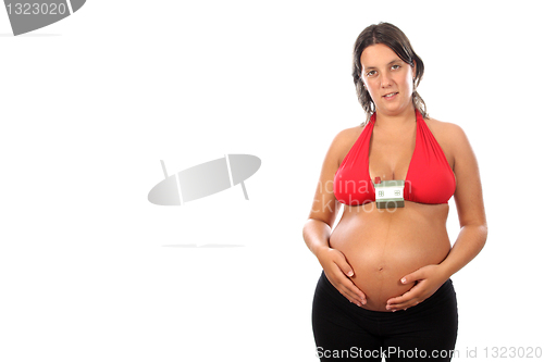 Image of young pregnant woman holding house model over white background 