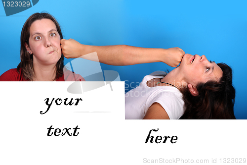 Image of young woman fighting with space for your advertising copy