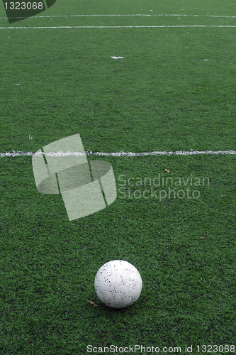 Image of soccer ball on a soccer field, sport photo