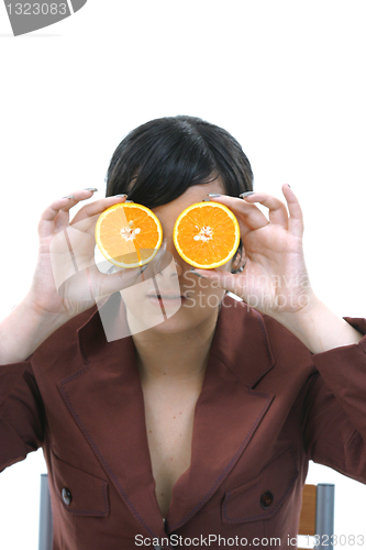 Image of beautiful woman with orange and lemon, healthy citrin photo