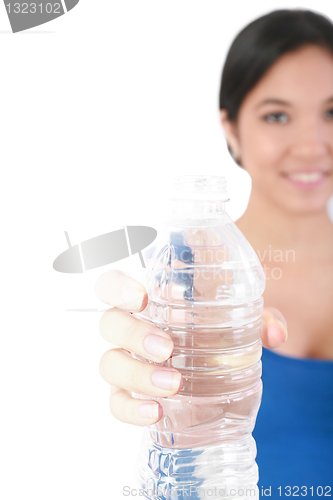 Image of beautiful woman with bottle of water over white  