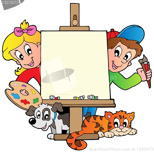 Image of Cartoon kids with painting canvas
