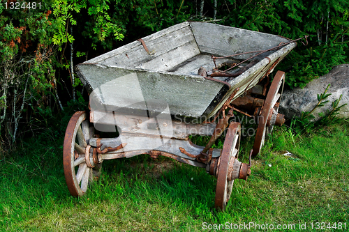 Image of Old and used wagon standing near bushes